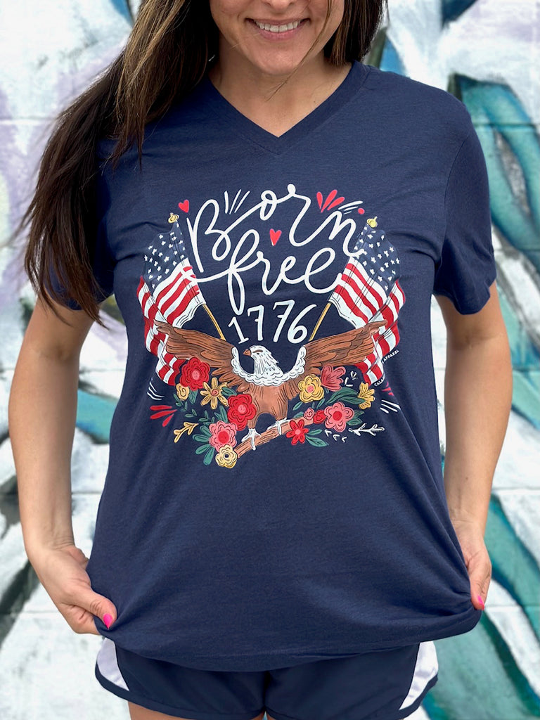AMERICAN SPIRIT 2023: Born Free Floral Eagle & Flags - VNECK