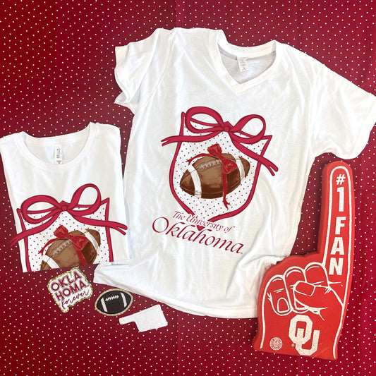 UNIV. OF OK 2025: Polkadot Crest & Football (BELLA CANVAS VNECK or CREW NECK)