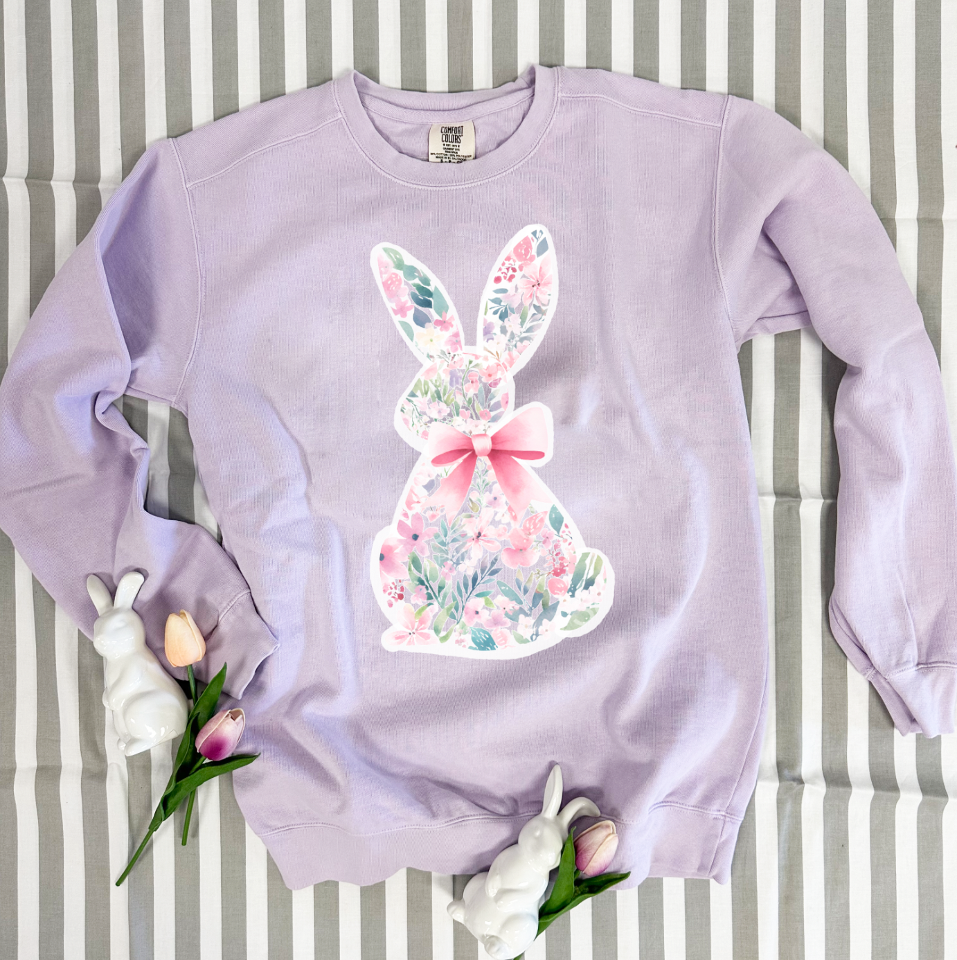 EASTER 2025: Floral Pattern Bunny & Bow (COMFORT COLORS SWEATSHIRT)