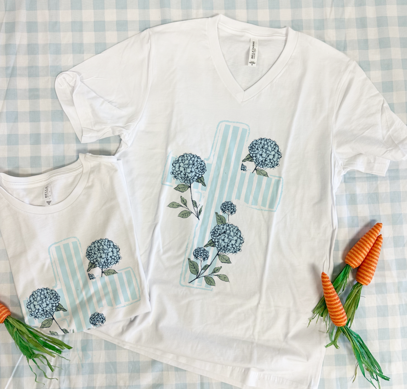 EASTER 2025: Chambray Hydrangea Cross (BELLA CANVAS VNECK or CREW NECK)