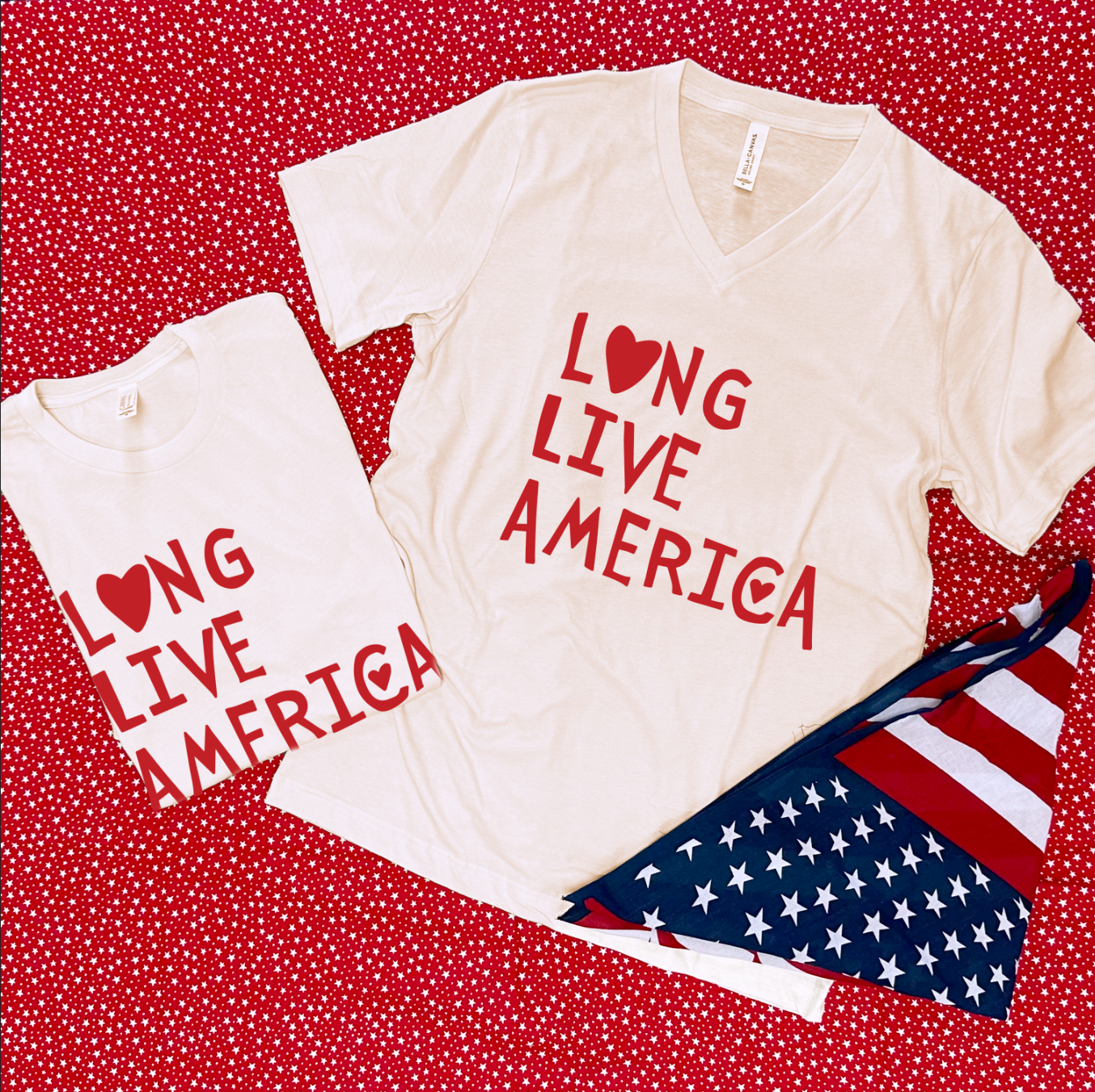 AMERICAN SPIRIT 2025: Long Live America (BELLA CANVAS VNECK OR CREW NECK)