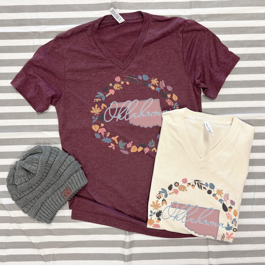 OKLAHOMA 2025: Oklahoma Fall Leaves Wreath (BELLA CANVAS VNECK)