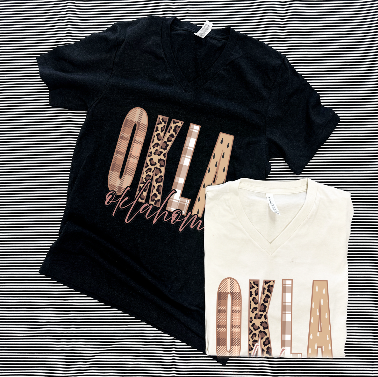 OKLAHOMA 2025: OKLA Fall Mixed Patterns (BELLA CANVAS VNECK)