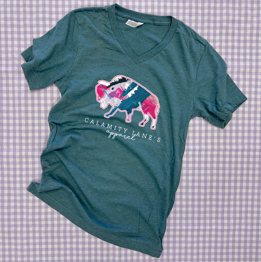 CJ LOGO: Abstract Painted Teal & Pink (BELLA CANVAS VNECK)