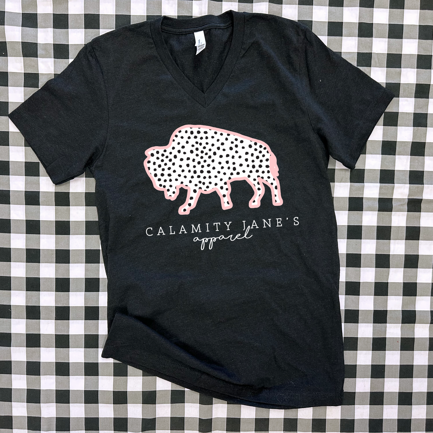CJ LOGO: Messy Polkadots Pink & Black (BELLA CANVAS VNECK)