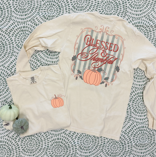 THANKSGIVING 2025: Blessed & Thankful Coquette Stripes (COMFORT COLORS LONGSLEEVE)