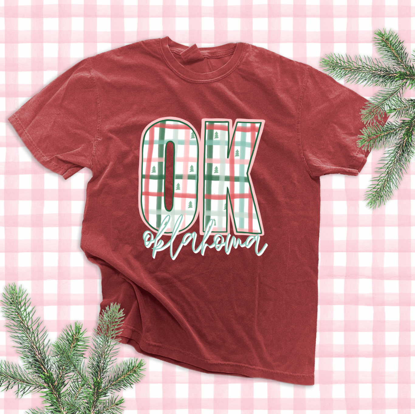 CHRISTMAS 2025: OK, Oklahoma Plaid & Christmas Trees (COMFORT COLORS SHORTSLEEVE)