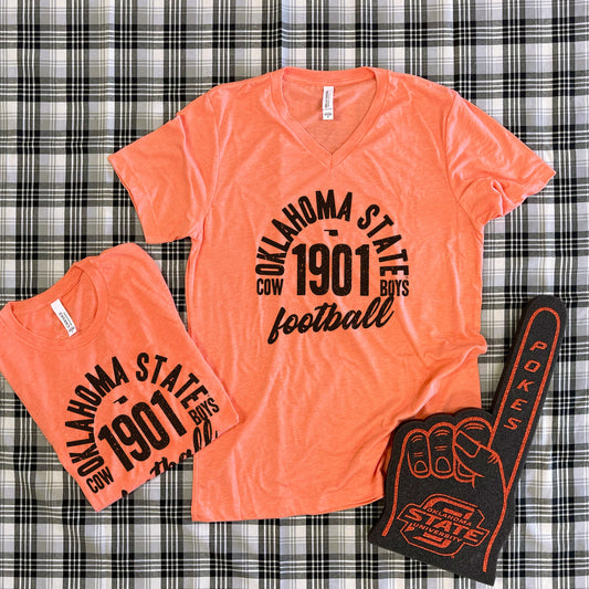 OK STATE 2025: Oklahoma State Vintage Arch Text (BELLA CANVAS VNECK or CREW NECK)