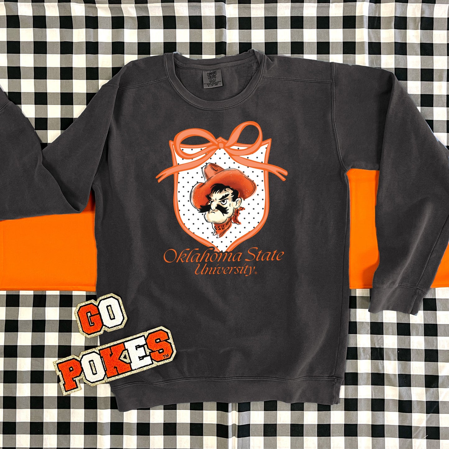 OK STATE 2025: Polkadot Crest & Pistol Pete (COMFORT COLORS SWEATSHIRT)