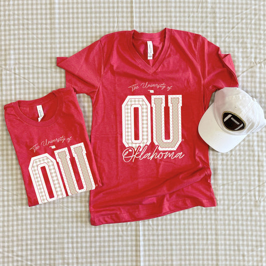 UNIV. OF OK 2025: OU Mixed Pattern Gingham & Chevron (BELLA CANVAS VNECK or CREW NECK)