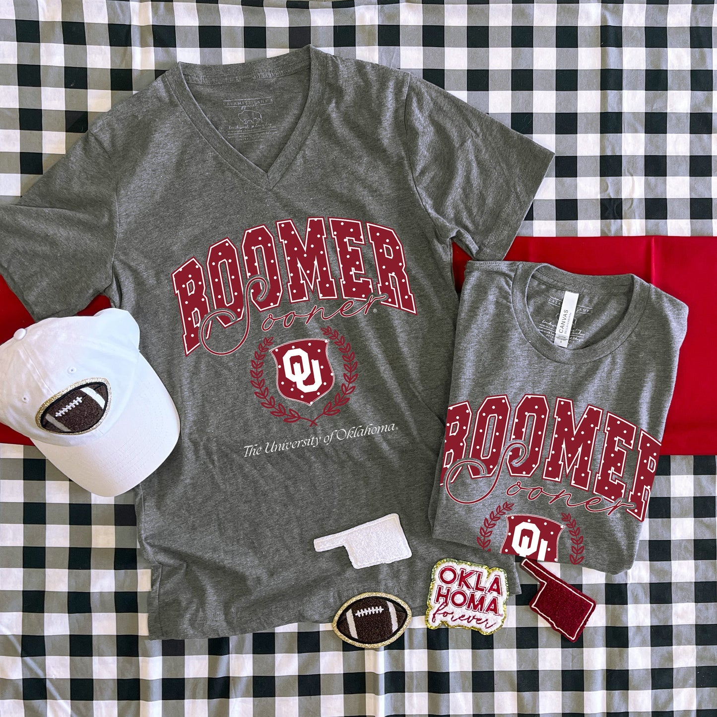 UNIV. OF OK 2025: Boomer Sooner Polkadot Vintage Collegiate (BELLA CANVAS VNECK or CREW NECK)