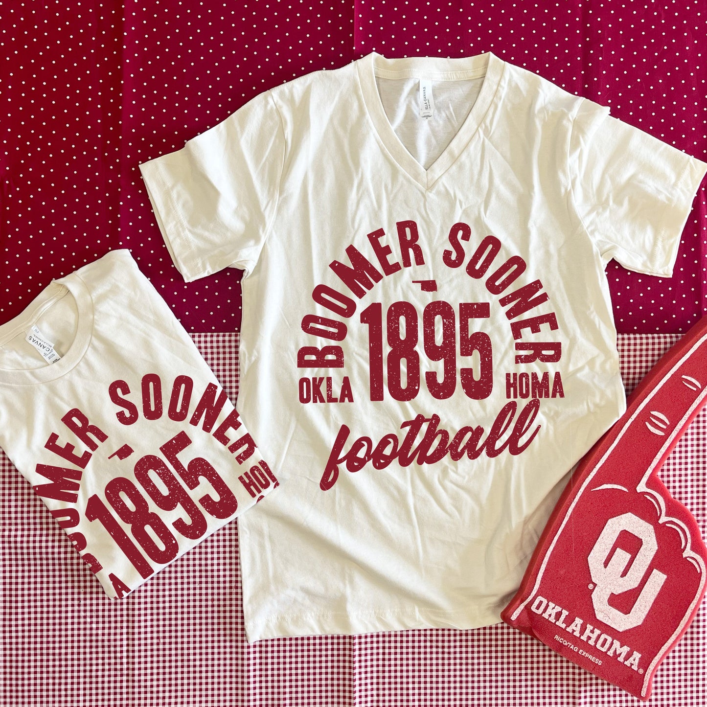 UNIV. OF OK 2025: Boomer Sooner Vintage Arch Text (BELLA CANVAS VNECK or CREW NECK)