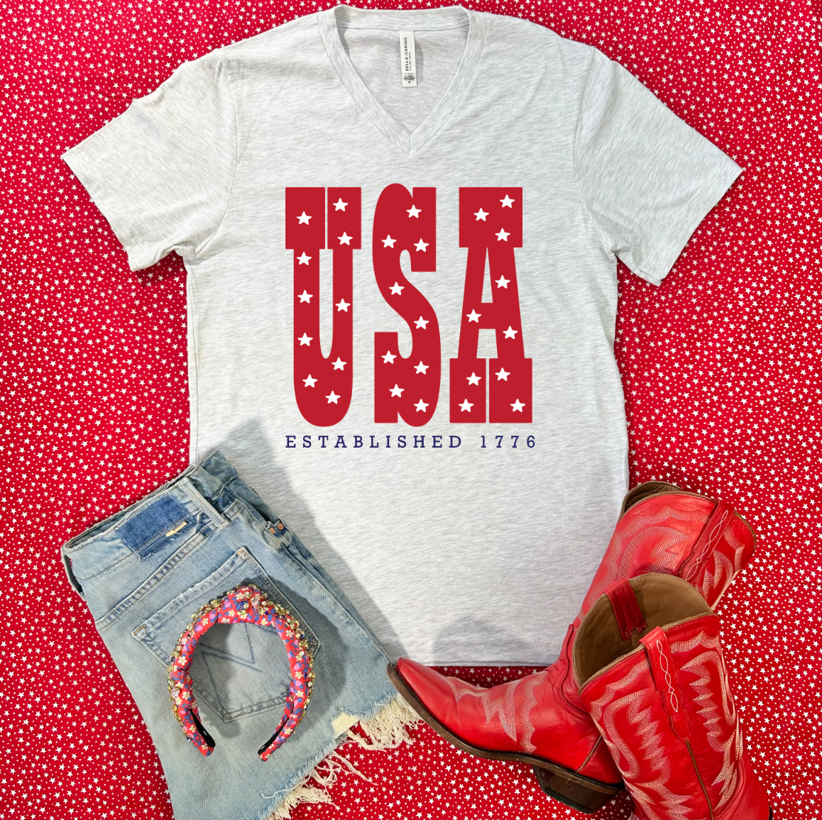 AMERICAN SPIRIT 2024: USA STARS (Bella Canvas V-Neck)