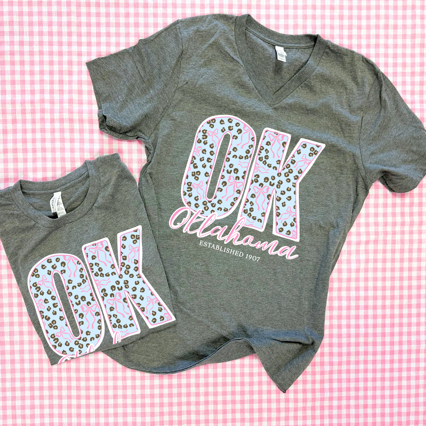 OKLAHOMA 2026: OK Chambray Leopard & Bows (BELLA CANVAS VNECK or CREW NECK)