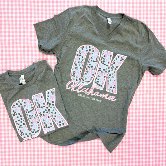 OKLAHOMA 2026: OK Chambray Leopard & Bows (BELLA CANVAS VNECK or CREW NECK)
