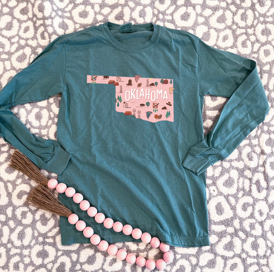 OKLAHOMA 2023: Seafoam & Pink Oklahoma Icons - LONGSLEEVE