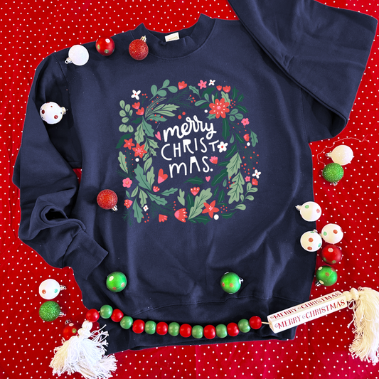 CHRISTMAS 2023: Merry Christmas Navy Wreath - SWEATSHIRT