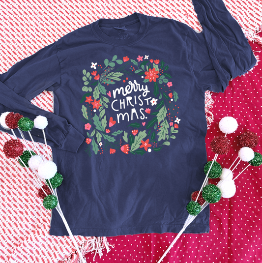 CHRISTMAS 2023: Merry Christmas Navy Wreath - LONGSLEEVE