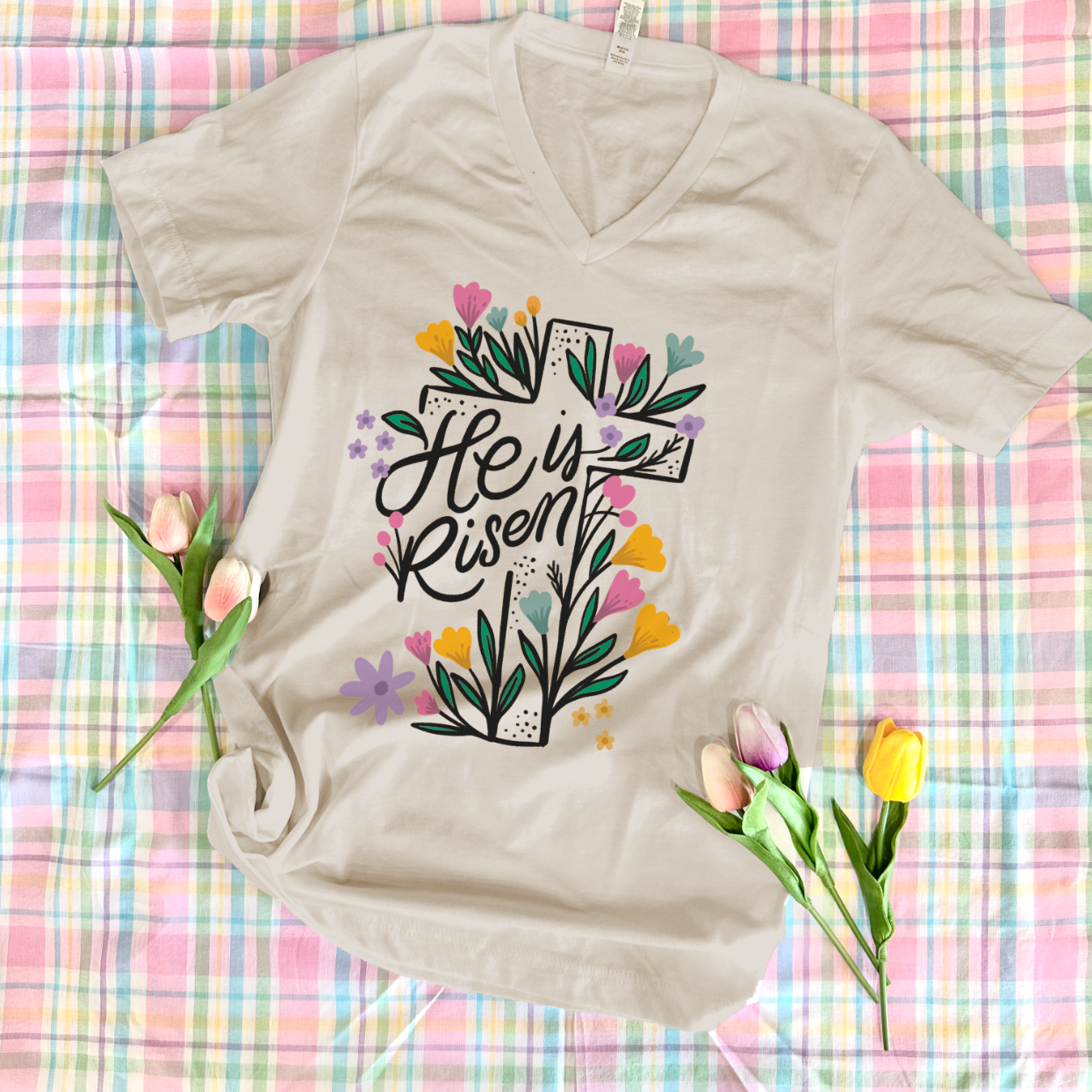 EASTER 2024: He Is Risen - Cross & Florals (VNECK)