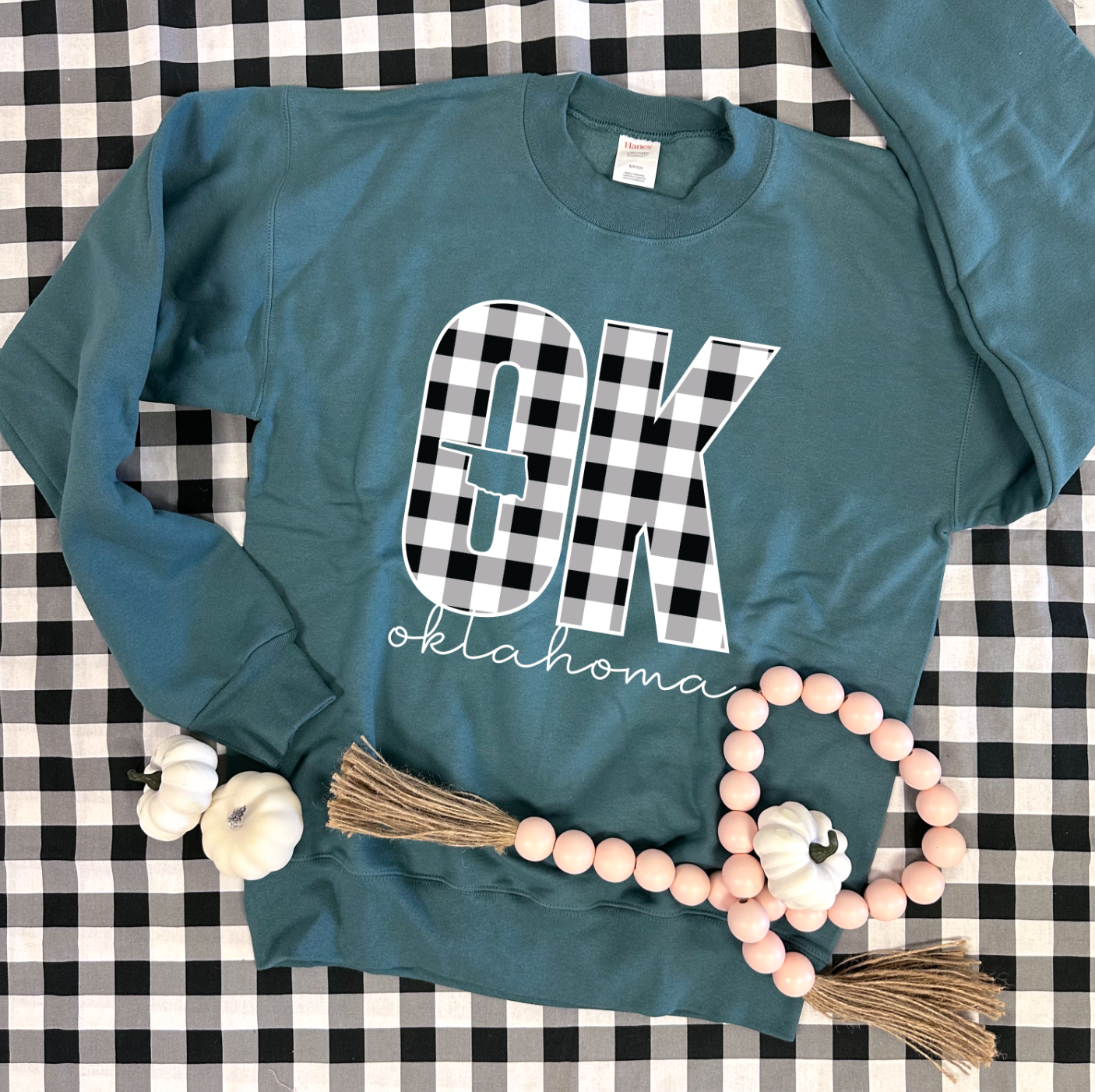 OKLAHOMA 2024: "OK" Black & White Buffalo Check (SWEATSHIRT)