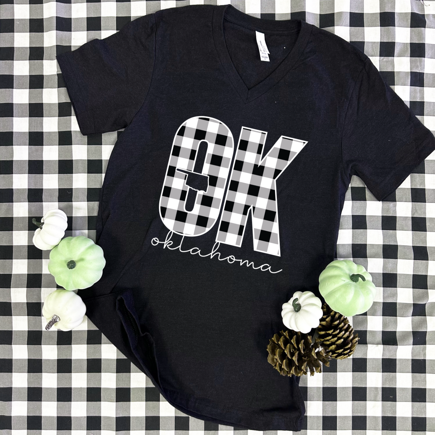 OKLAHOMA 2024: "OK" Black & White Buffalo Check (VNECK)