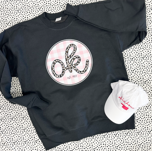 OKLAHOMA 2025: OK Leopard & Pink Check Circle - SWEATSHIRT