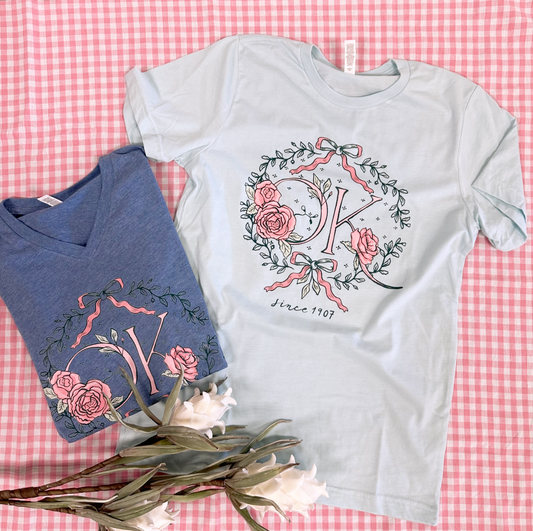 OKLAHOMA 2025: OK Chambray Roses & Bows - VNECK or CREW NECK