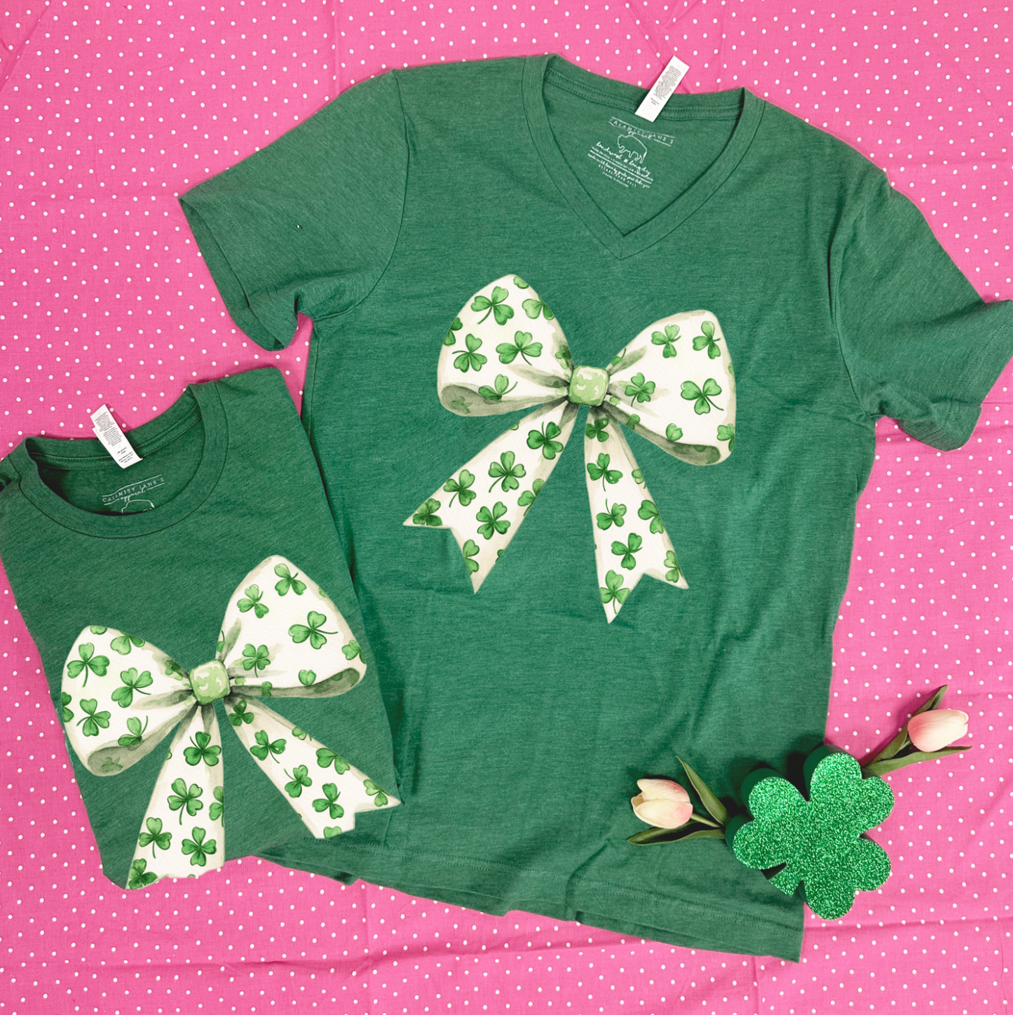 ST.PATTY 2025: Watercolor Shamrock Bow - VNECK or CREW NECK