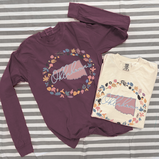 OKLAHOMA 2025: Oklahoma Fall Leaves Wreath (COMFORT COLORS LONGSLEEVE)