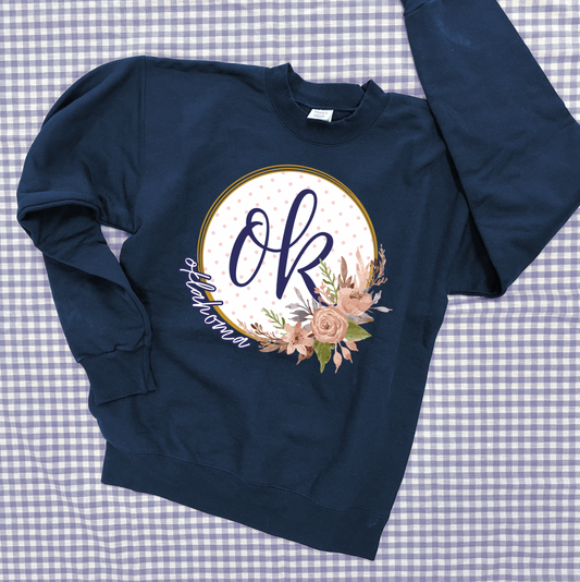 OKLAHOMA 2025: OK Script Floral Wreath With *Gold Shimmer* (ULTIMATE SWEATSHIRT)