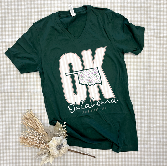 OKLAHOMA 2025: OK Stripes & Floral Coquette (BELLA CANVAS VNECK)