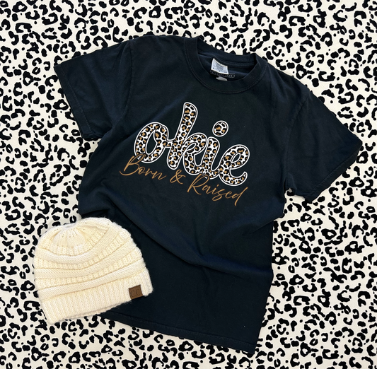 OKLAHOMA 2025: Okie Leopard Born & Raised *Gold Shimmer* (COMFORT COLORS SHORTSLEEVE)