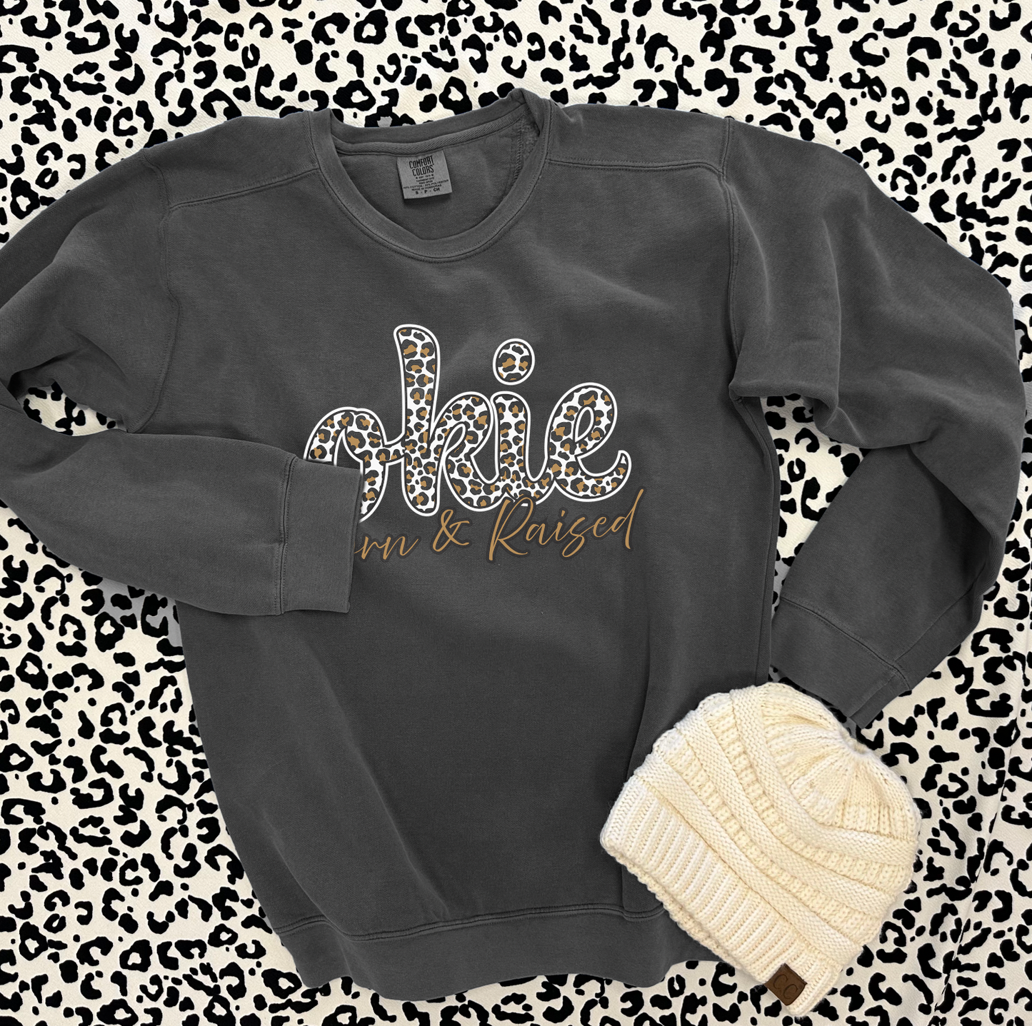 OKLAHOMA 2025: Okie Leopard Born & Raised *Gold Shimmer* (COMFORT COLORS SWEATSHIRT)