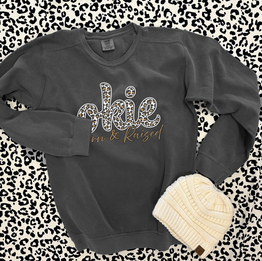 OKLAHOMA 2025: Okie Leopard Born & Raised *Gold Shimmer* (COMFORT COLORS SWEATSHIRT)