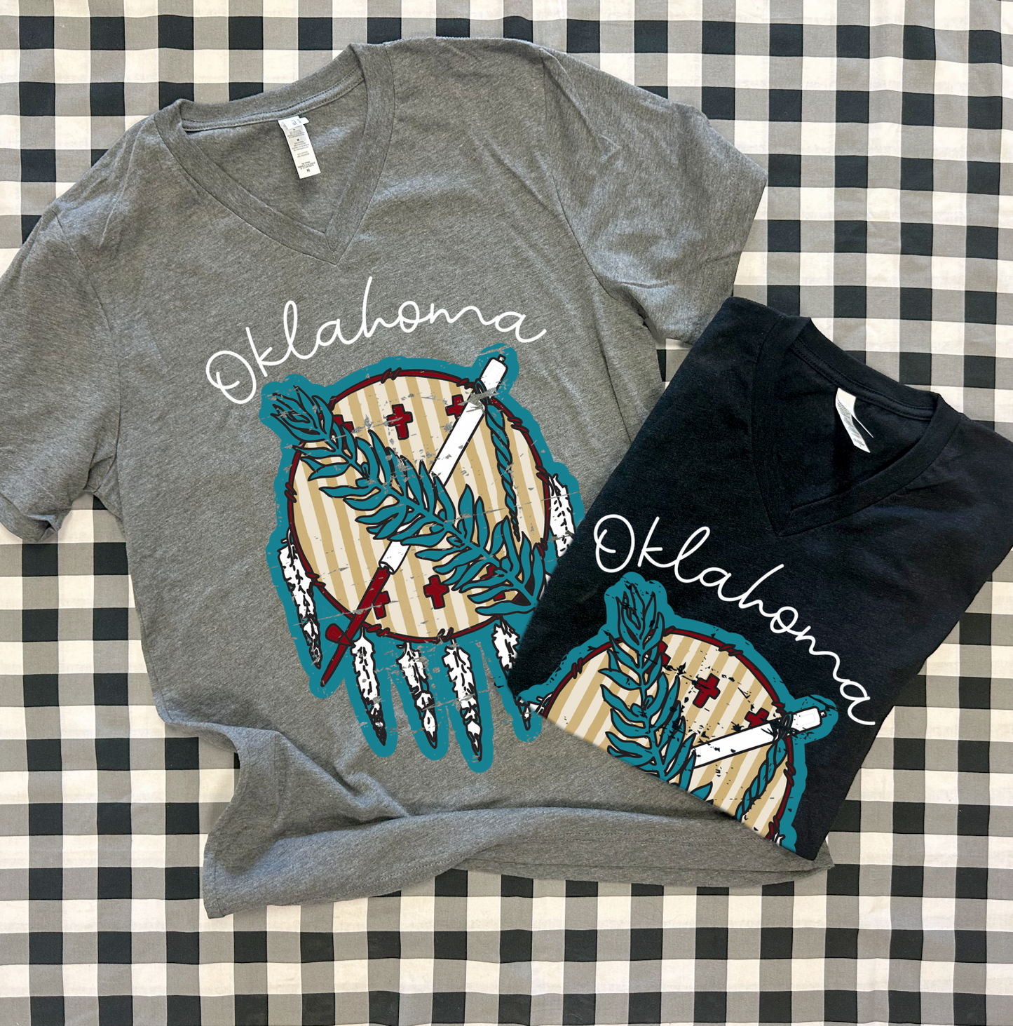 OKLAHOMA 2025: Striped Dreamcatcher (BELLA CANVAS VNECK)