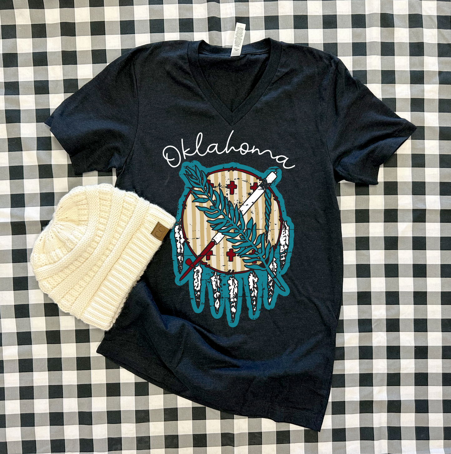 OKLAHOMA 2025: Striped Dreamcatcher (BELLA CANVAS VNECK)