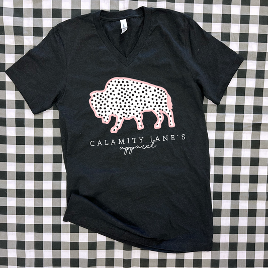 CJ LOGO: Messy Polkadots Pink & Black (BELLA CANVAS VNECK)