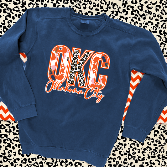 OKC SPIRIT 2025: OKC Abstract & Leopard Mixed Patterns (COMFORT COLORS SWEATSHIRT)