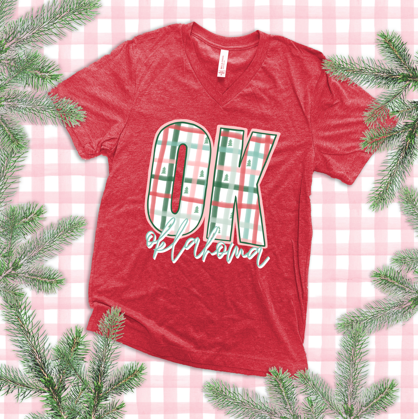 CHRISTMAS 2025: OK, Oklahoma Plaid & Christmas Trees (VNECK)