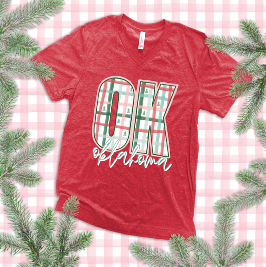 CHRISTMAS 2025: OK, Oklahoma Plaid & Christmas Trees (VNECK)