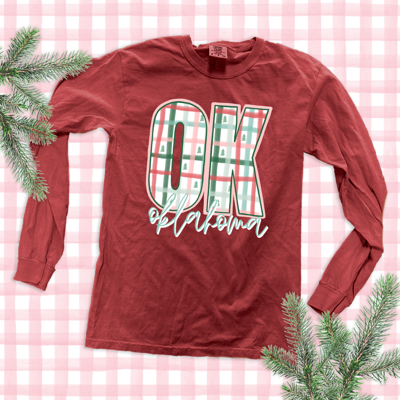 CHRISTMAS 2025: OK, Oklahoma Plaid & Christmas Trees (COMFORT COLORS LONGSLEEVE)