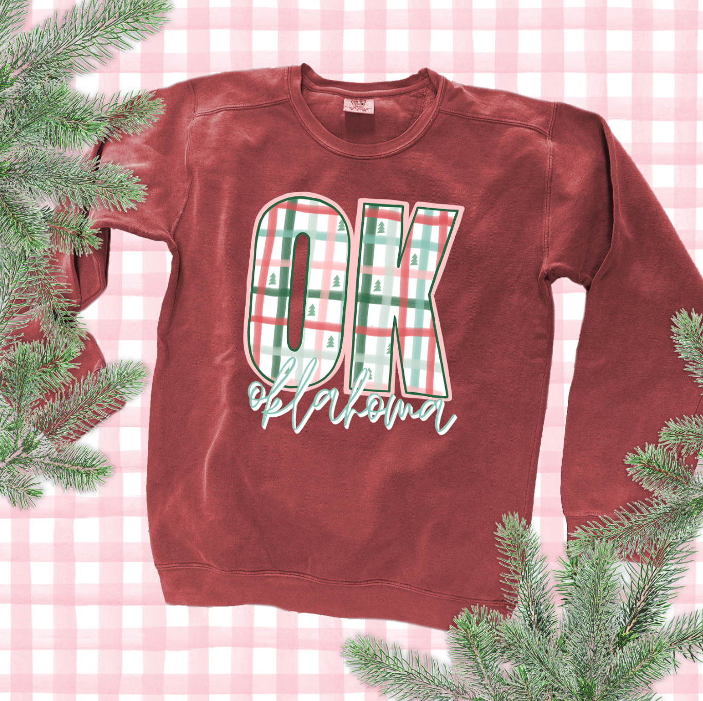 CHRISTMAS 2025: OK, Oklahoma Plaid & Christmas Trees (COMFORT COLORS SWEATSHIRT)