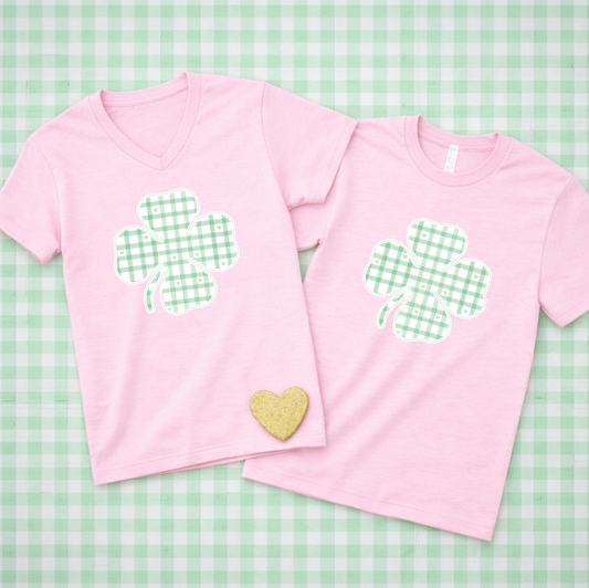 ST. PATTY 2026: Gingham Shamrock (BELLA CANVAS VNECK or CREW NECK)