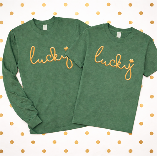 ST. PATTY 2026: "Lucky" Metallic Gold PUFF PRINT  (COMFORT COLORS SHORTSLEEVE or LONGSLEEVE)