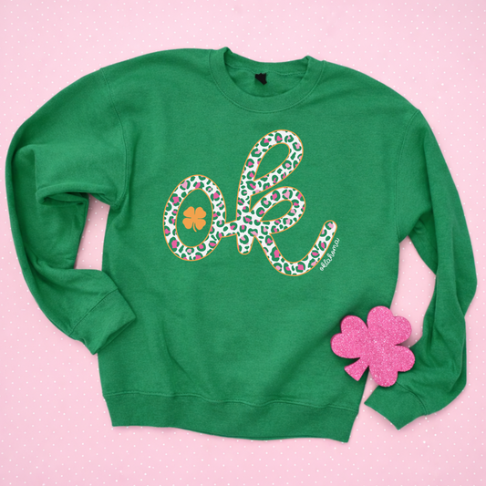 ST. PATTY 2026: OK Green & Pink Leopard + Gold Shimmer Ink (SWEATSHIRT)