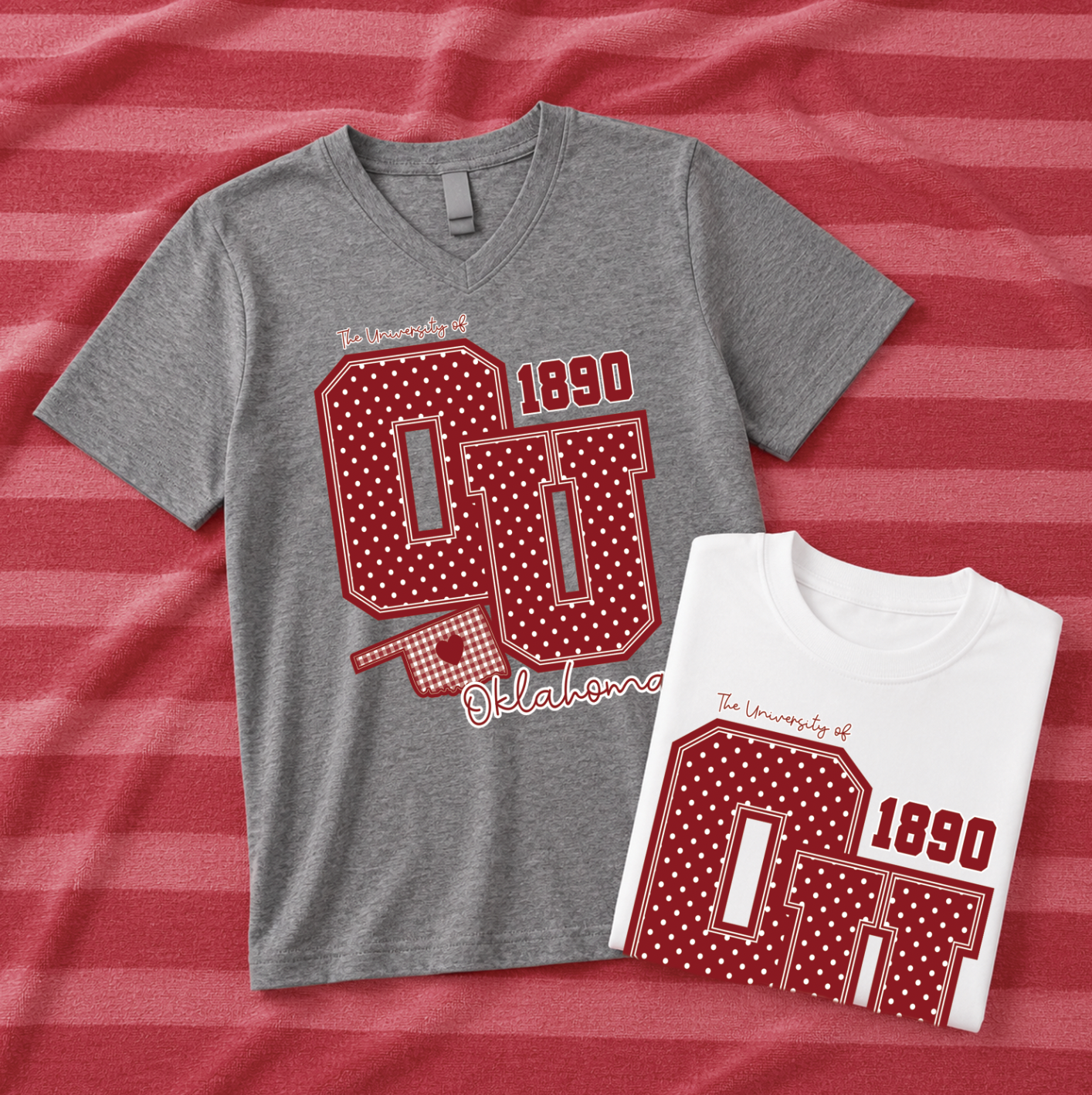 UNIV. of OKLAHOMA 2026: Big OU Polkadot & Gingham (BELLA CANVAS VNECK or CREW NECK)