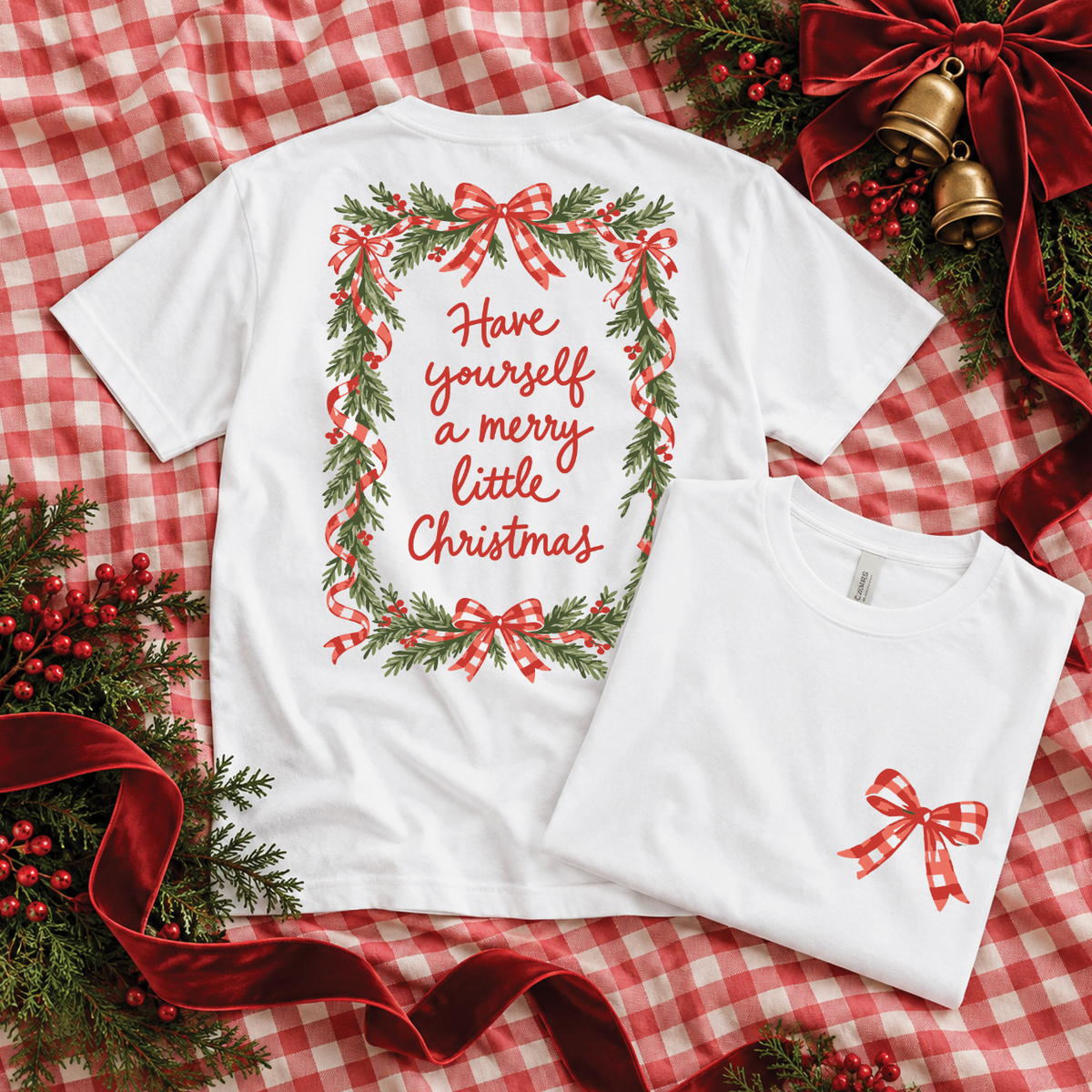 CHRISTMAS 2026: Have Yourself A Merry Little Christmas Gingham Bows (BELLA CANVAS VNECK or CREW NECK)