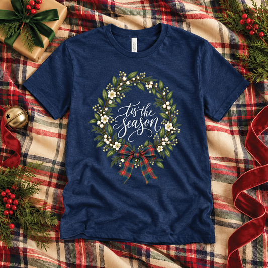 CHRISTMAS 2026: Tis' the Season Heritage Wreath (BELLA CANVAS VNECK or CREW NECK)