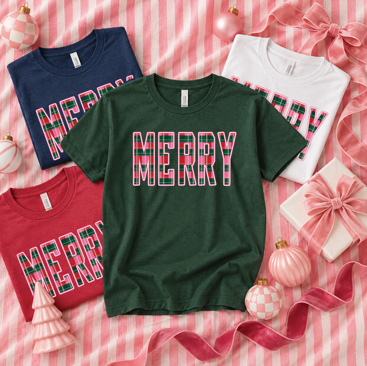 CHRISTMAS 2026: "MERRY" Festive Plaid (BELLA CANVAS VNECK or CREW NECK)