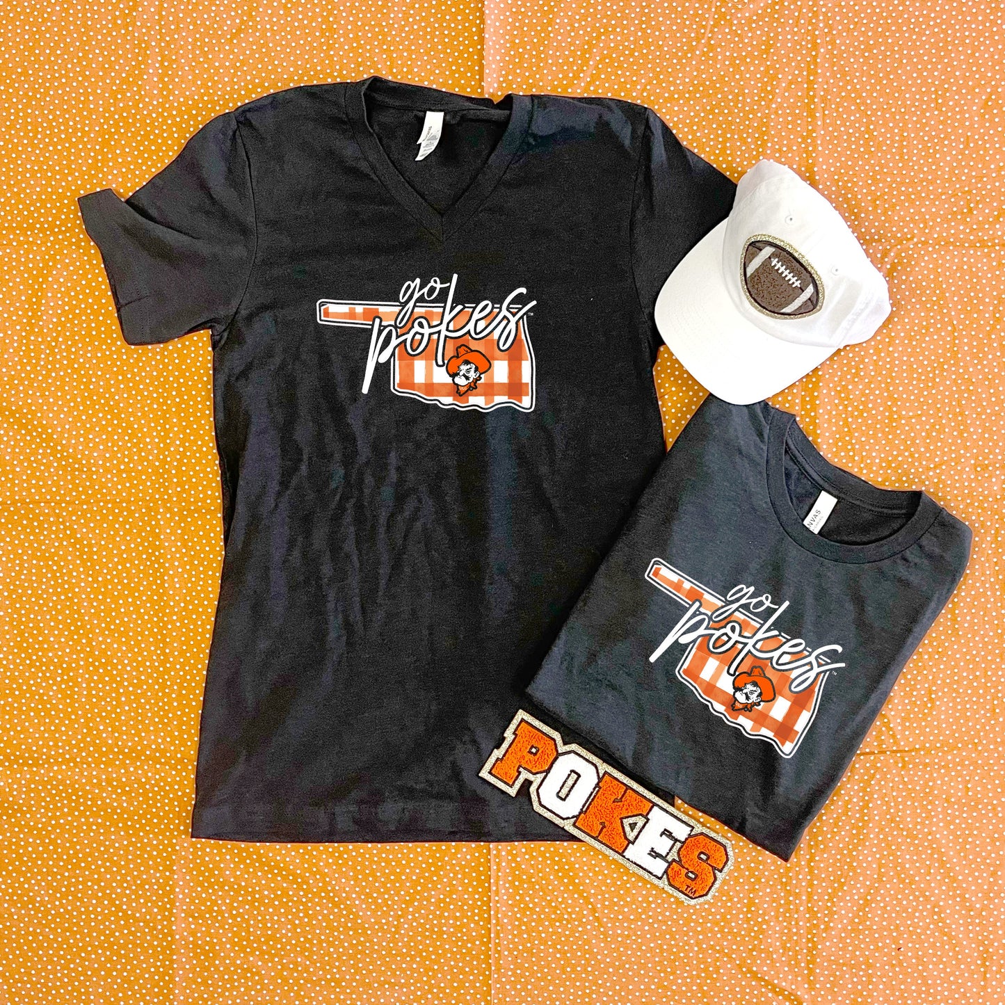 OK STATE 2025: Go Pokes Watercolor Plaid State (BELLA CANVAS VNECK or CREW NECK)